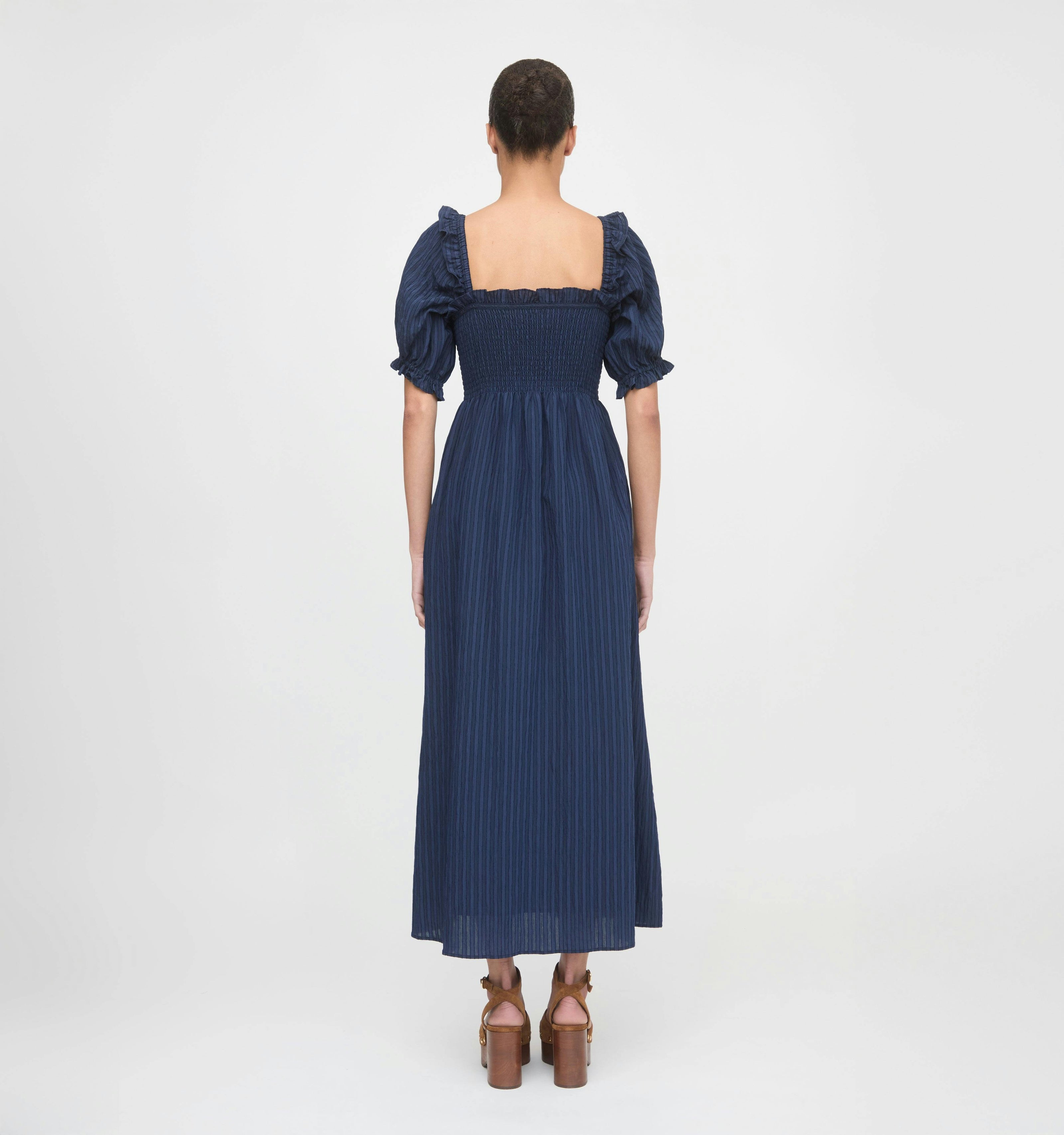 The Scarlett Midi Nap Dress - Navy Tonal Seersucker
