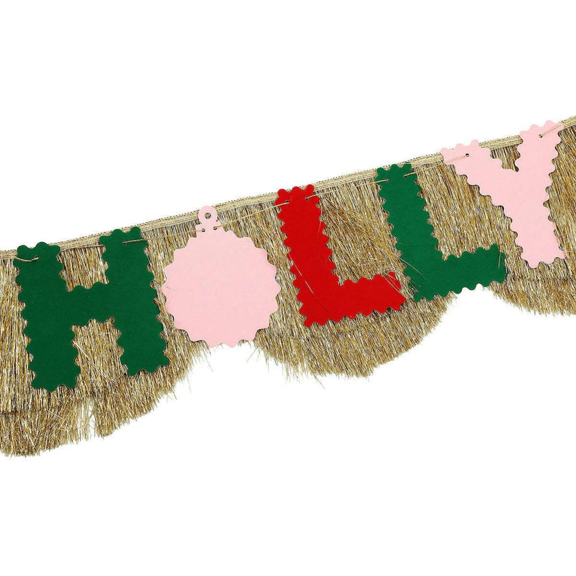 Holly Jolly Gold Fringe Banner (Reusable Holiday Garland)