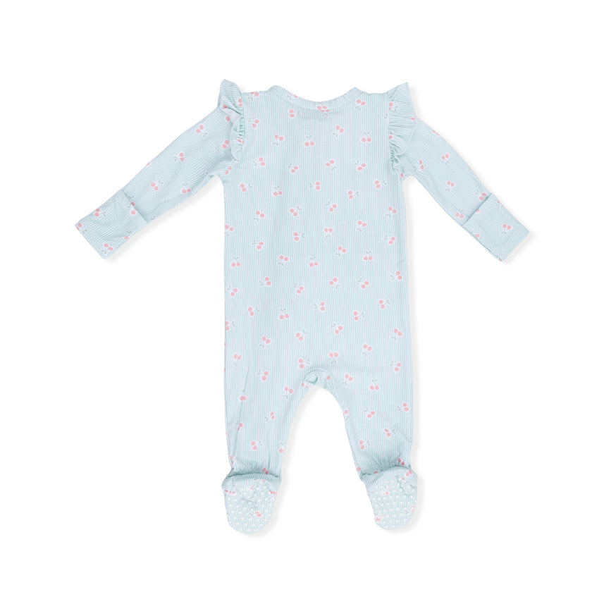 Tiny Cherry Stripe - 2 Way Ruffle Sleeve Zipper Footie
