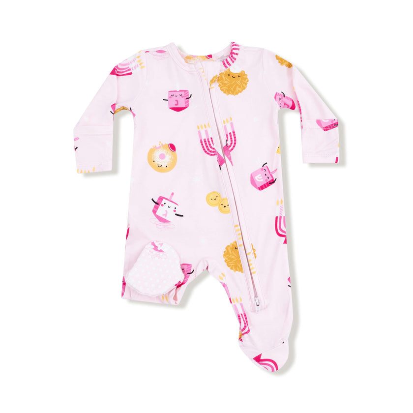 Hanukkah - Pink - 2 Way Zipper Ruffle Back Footie