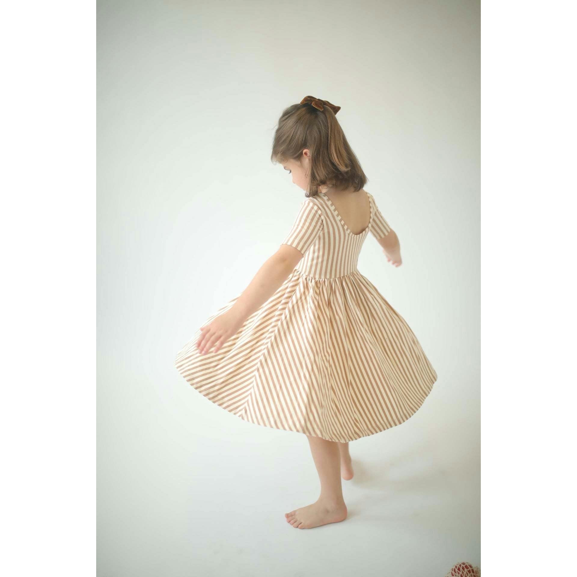 Short Sleeve Twirl Dress in Toffee Stripes