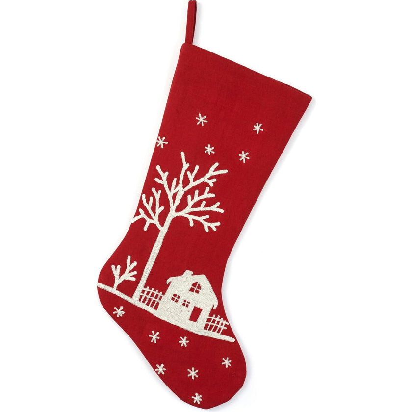 Snowy Village Embroidered Scene Red Handmade Christmas Stocking