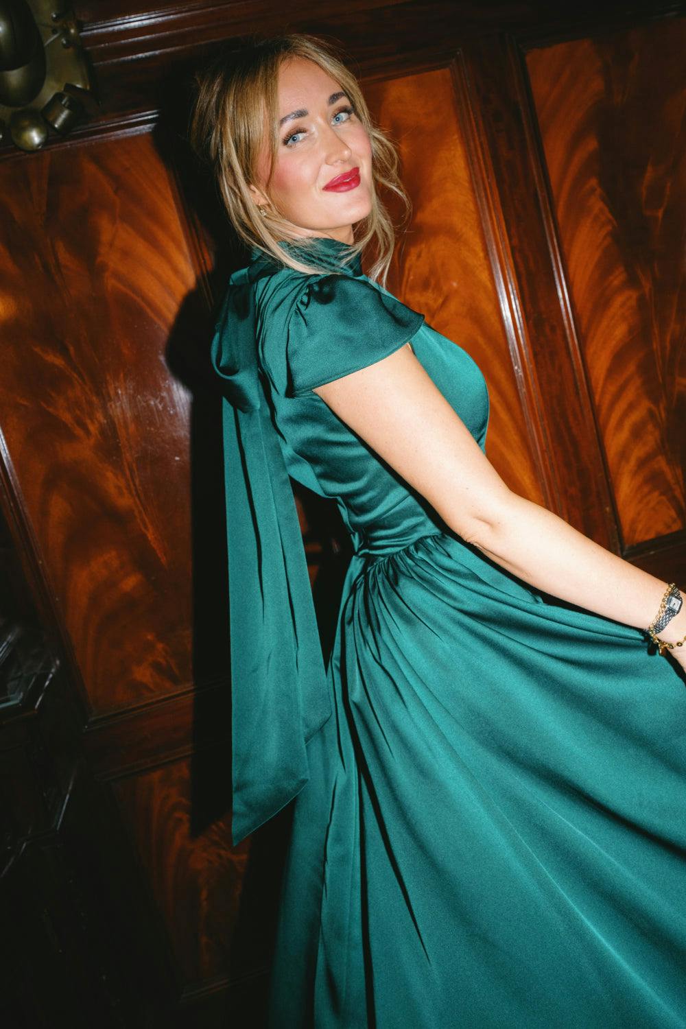 Harriet Bow Dress in Emerald Satin