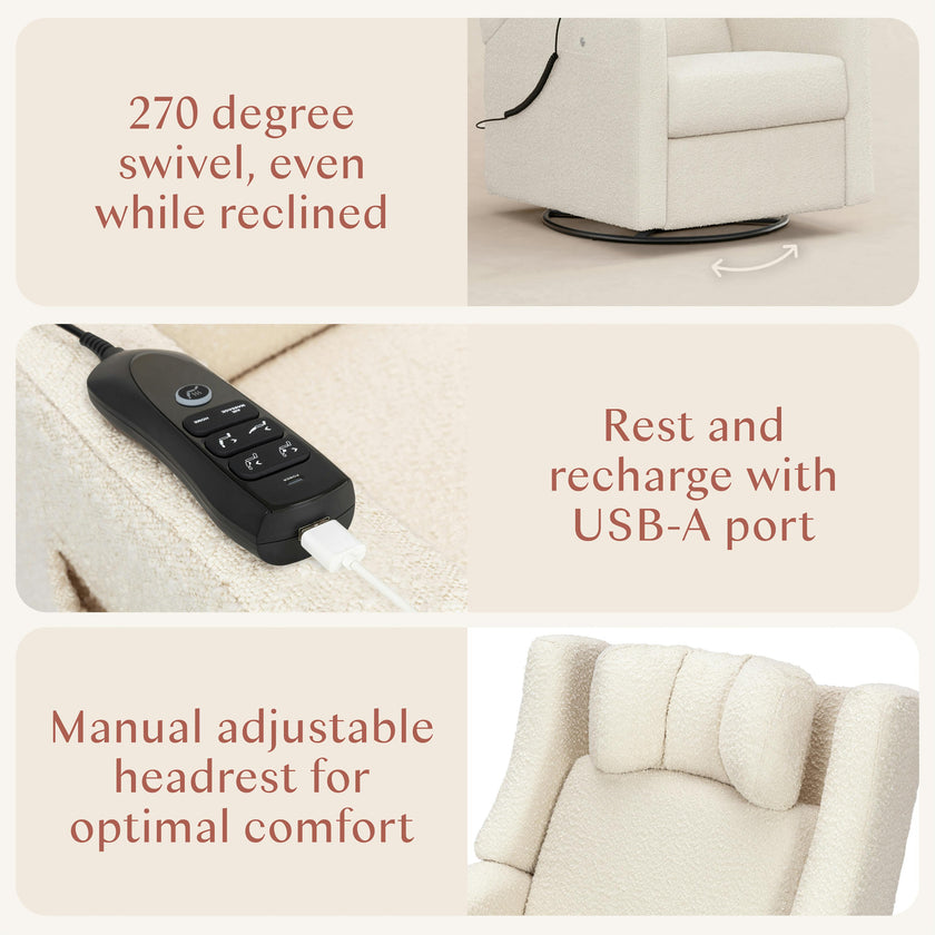 Kiwi Deluxe Power Recliner and Swivel Glider with Heat and Massage in Performance Ivory Boucle