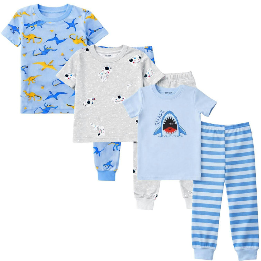 Kids and Toddlers 3 Pack Blue Dinosaurs/Astronauts/Sharks Shorts Sleeve Snug Fitted Pajamas
