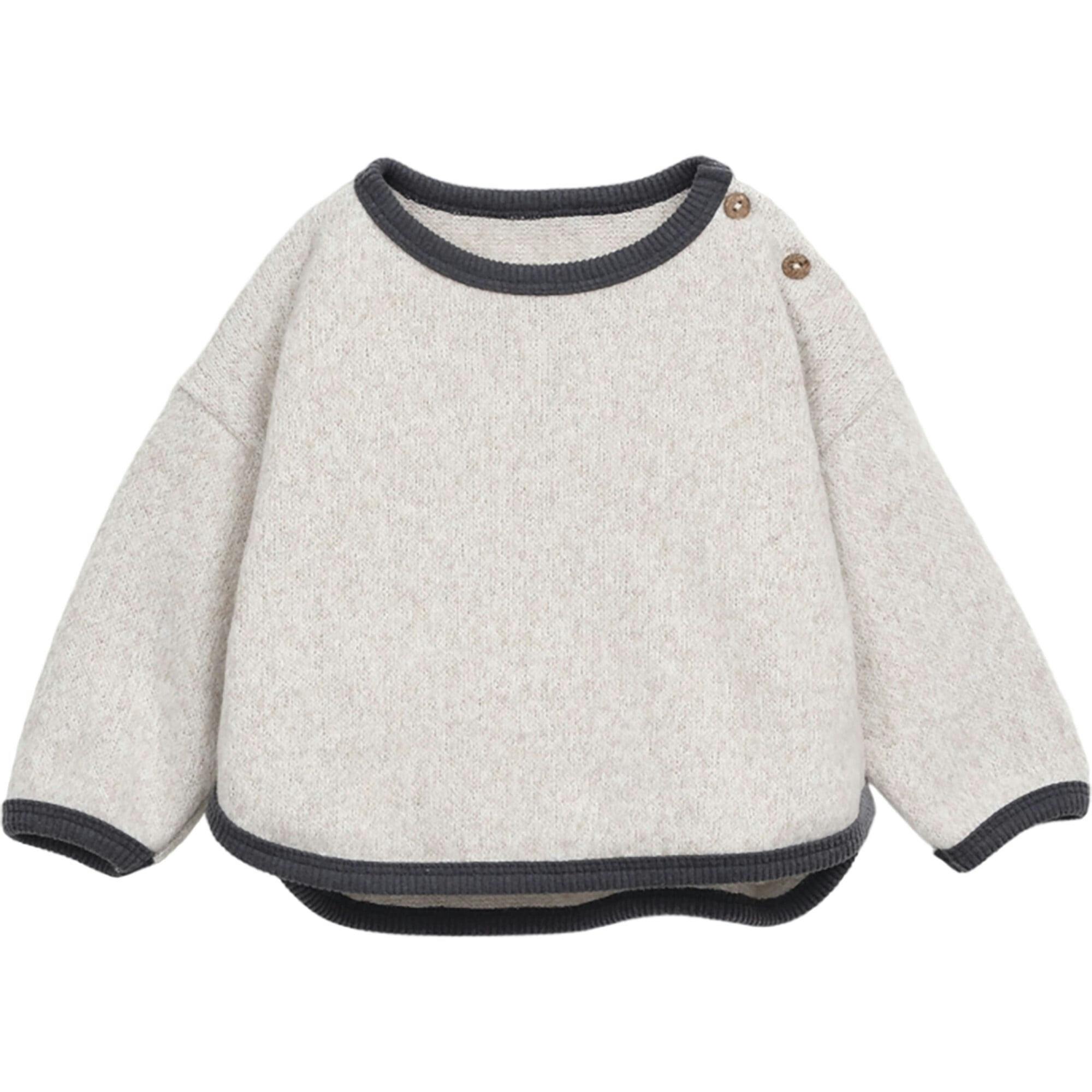 Contrast Trim Crew Neck Long Sleeve 2-Button Shoulder Sweatshirt