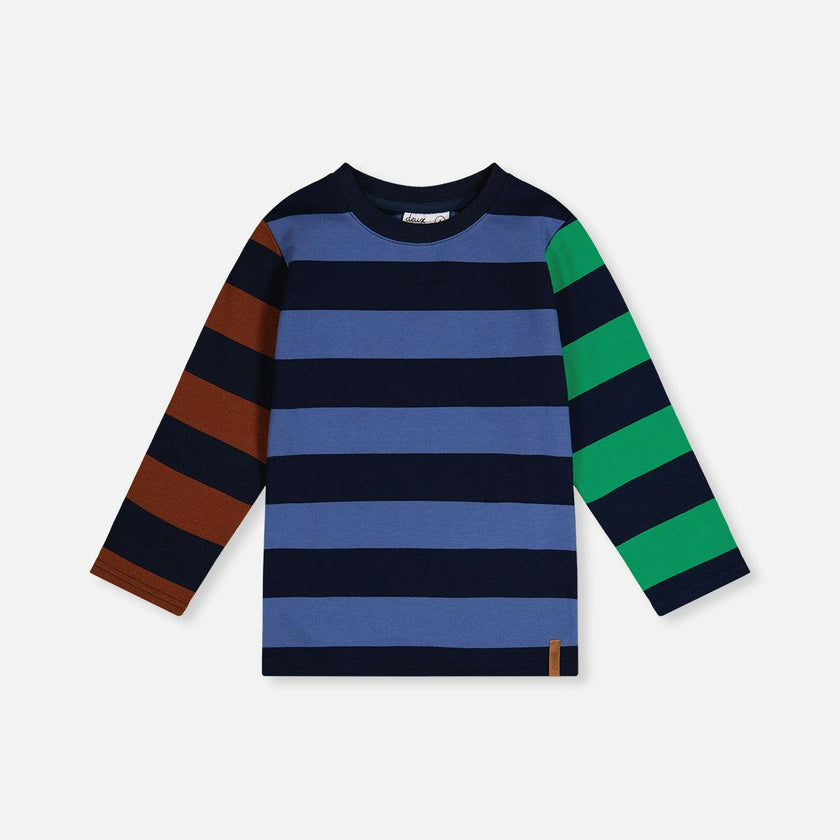 Large Striped Long Sleeve T-Shirt Blue, Green and Brown