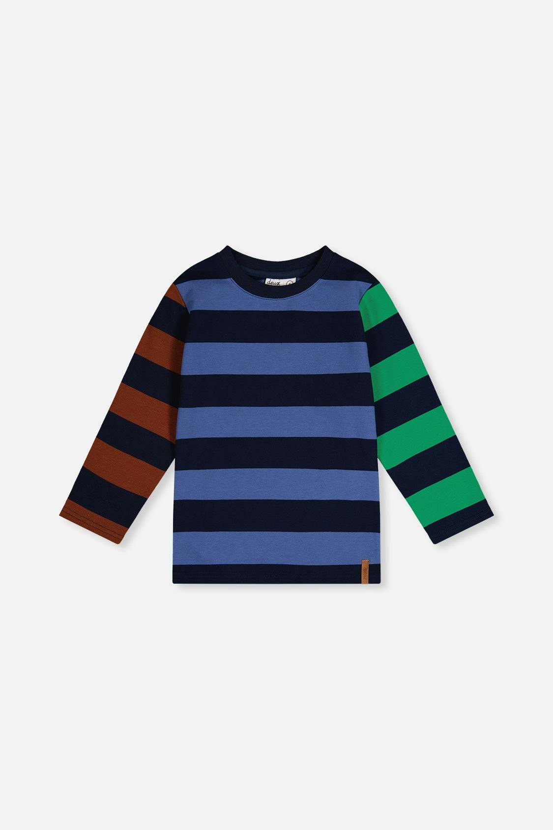 Large Striped Long Sleeve T-Shirt Blue, Green and Brown