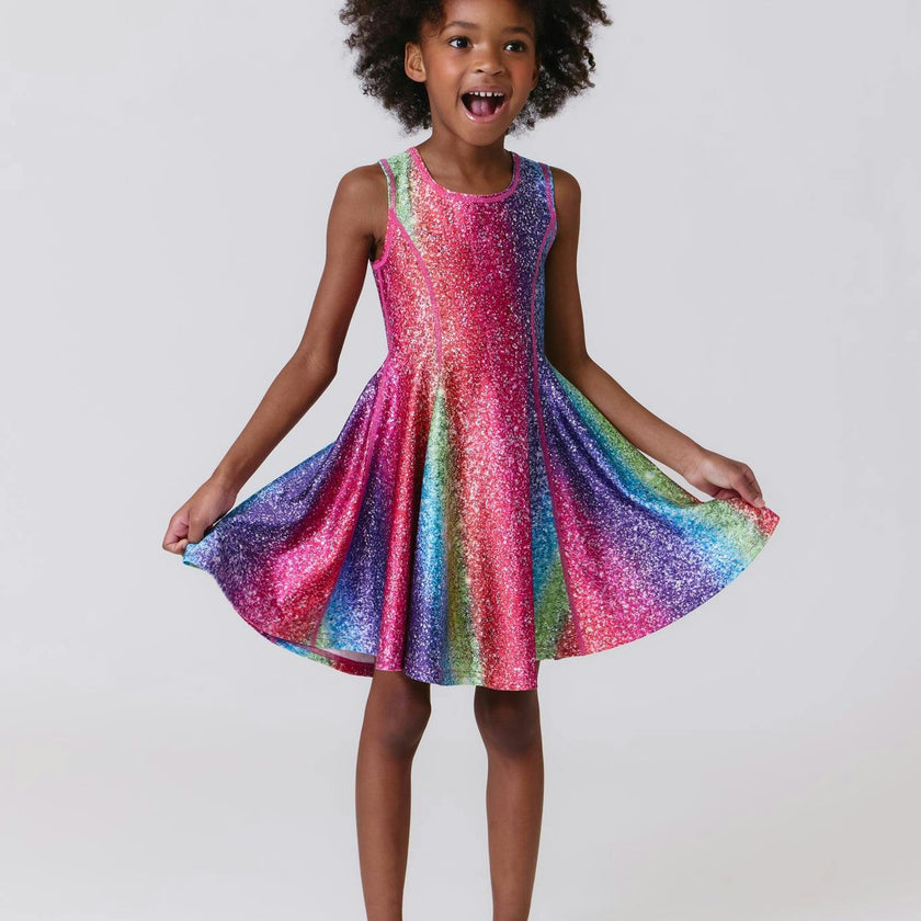 Girls Hi-Shine Skater Dress in Rainbow Glitter Foil
