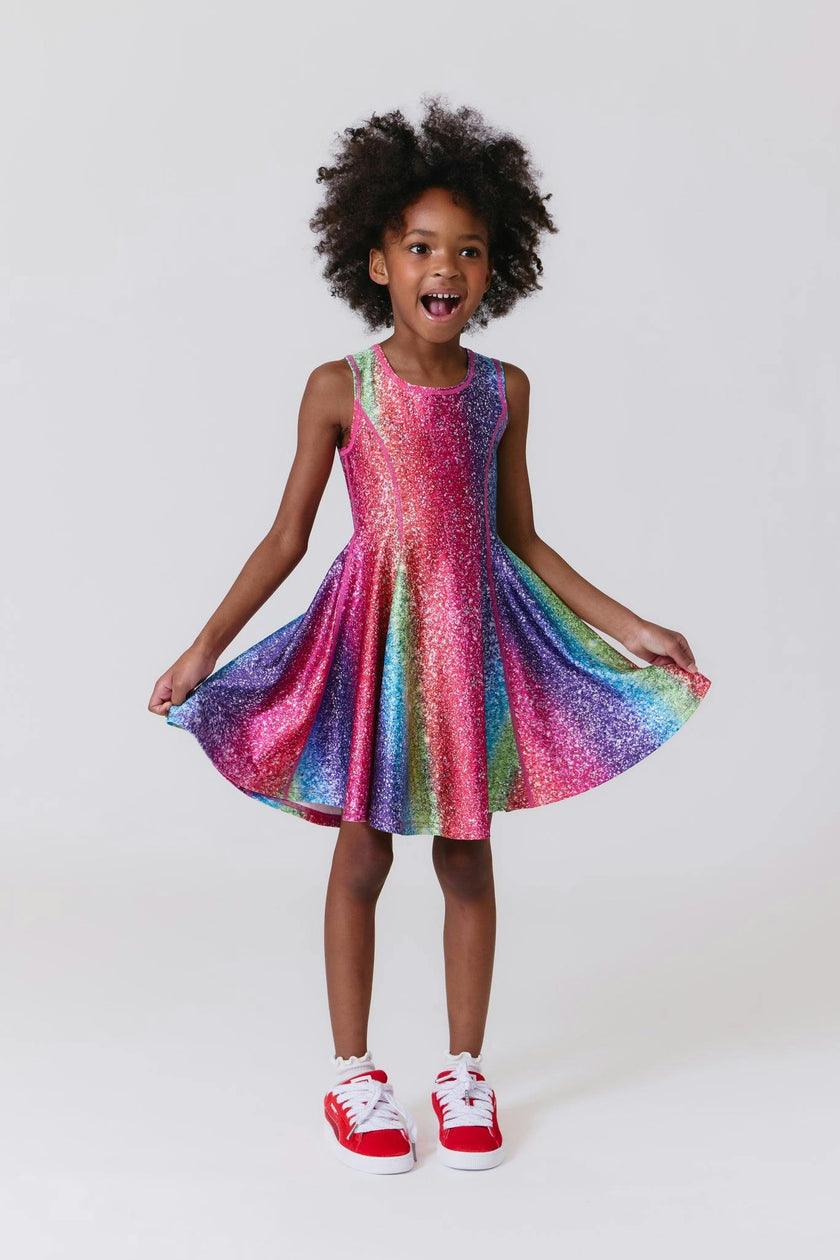 Girls Hi-Shine Skater Dress in Rainbow Glitter Foil