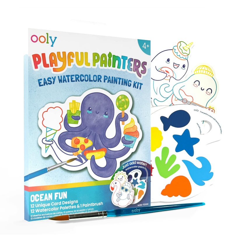 Playful Painters Easy Watercolor Painting Kit - Ocean Fun - 12 Cards 12 Palettes 1 Paintbrush