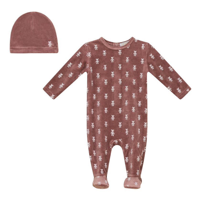 Bear Print Velour Onesie and Hat