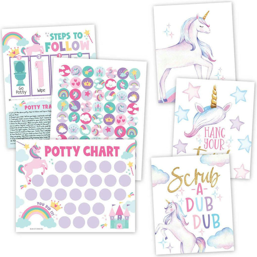 10-Piece Potty Training Charts & 6-Piece Bathroom Wall Art Decor Prints