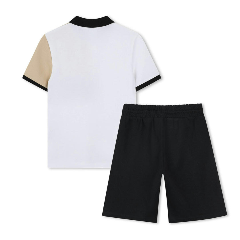 Black Beige Polo Textile Shorts Set