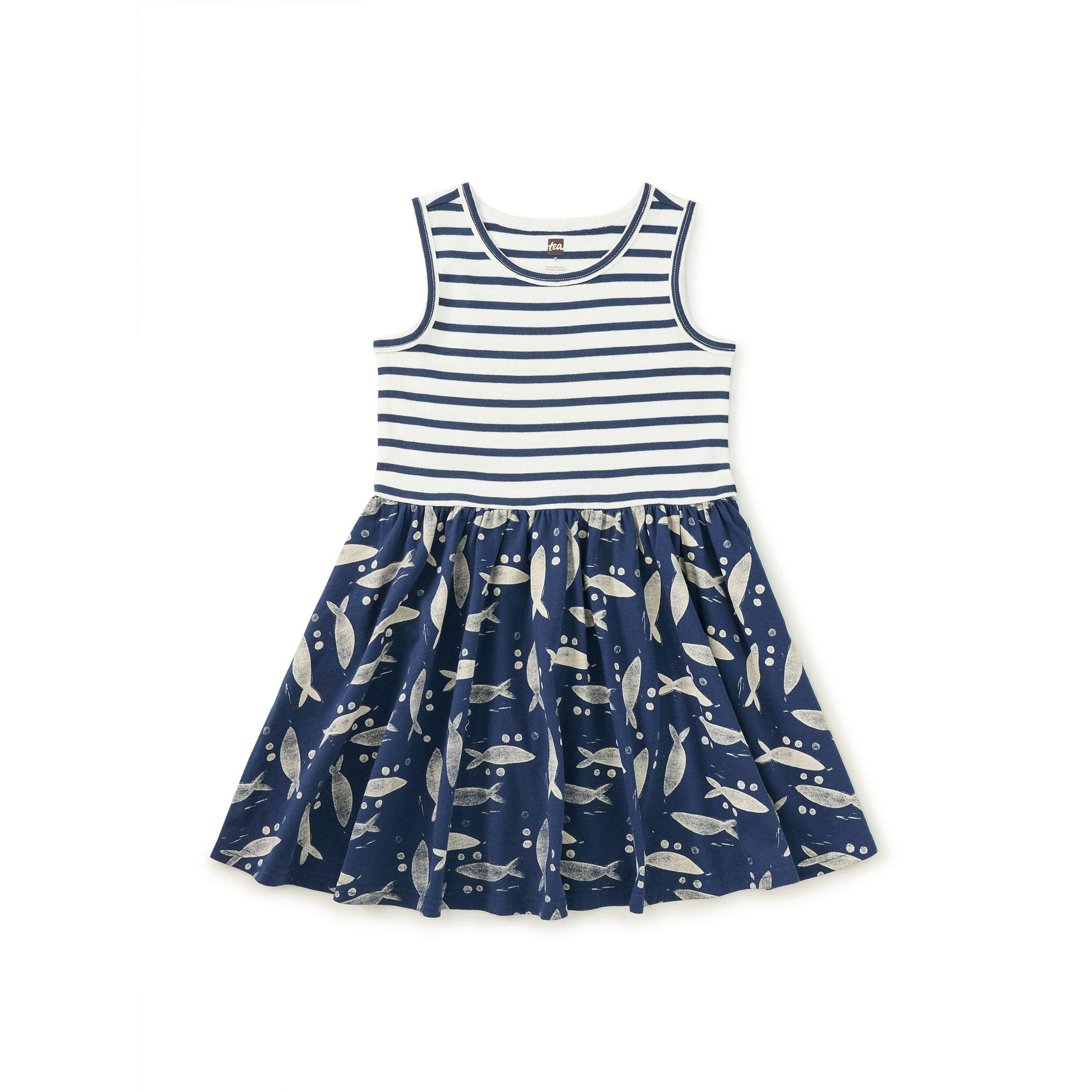 Print Mix Tank Skirted Dress, Blockprint Sardines