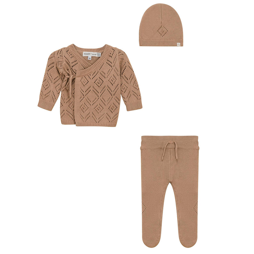 Knit Pointelle Wrap Top, Pants, and Hat Three Piece Set