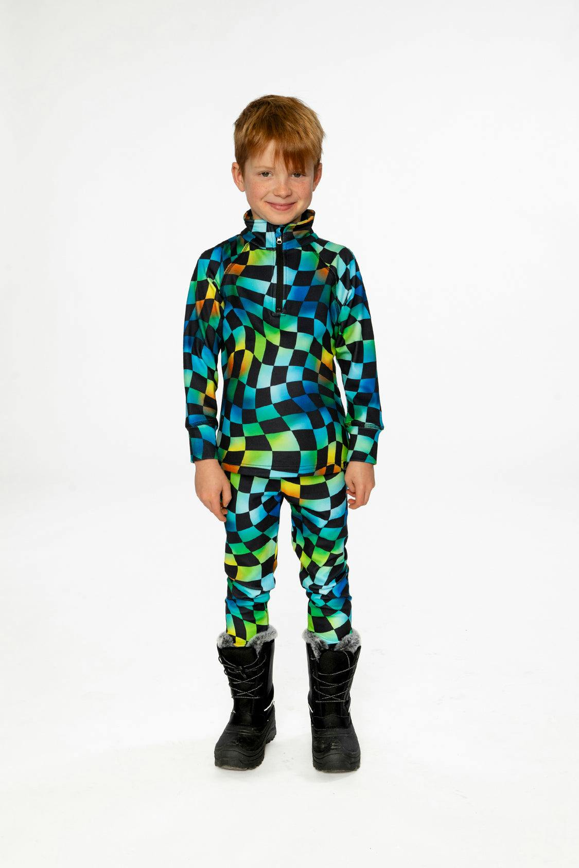 Two Piece Thermal Underwear Blue Checkered Print