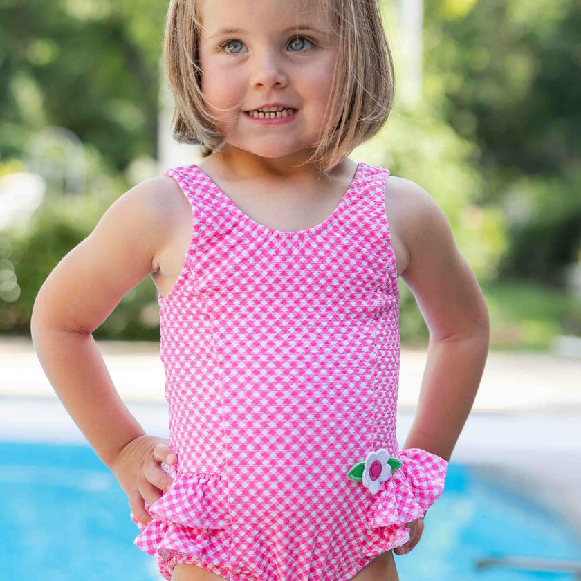 Gingham Swimsuit With Ruffles And Flower