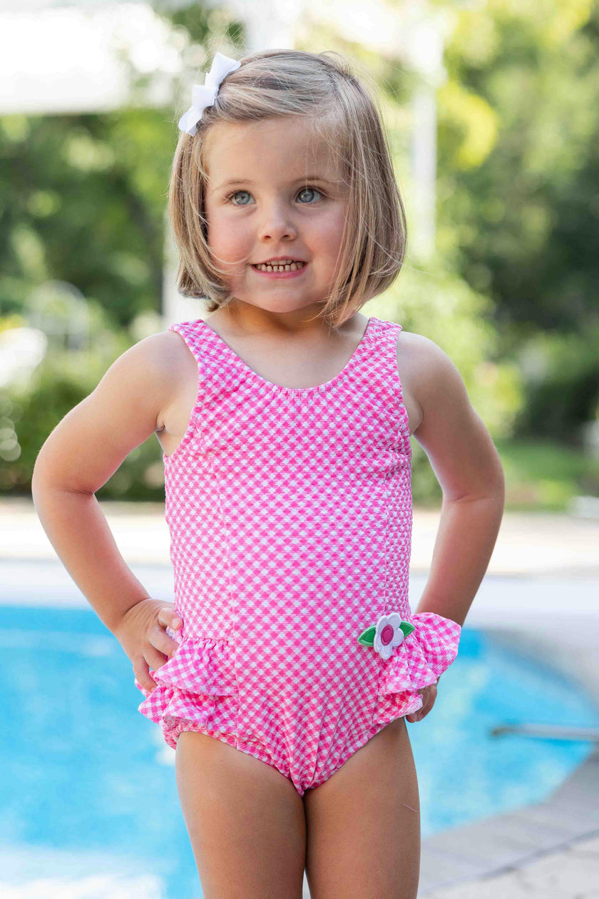 Gingham Swimsuit With Ruffles And Flower