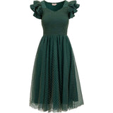 Hattie Dress in Green Flocked Dot Tulle