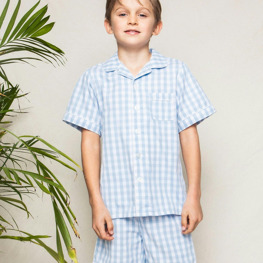 Kid's Twill Pajama Short Set in Light Blue Gingham