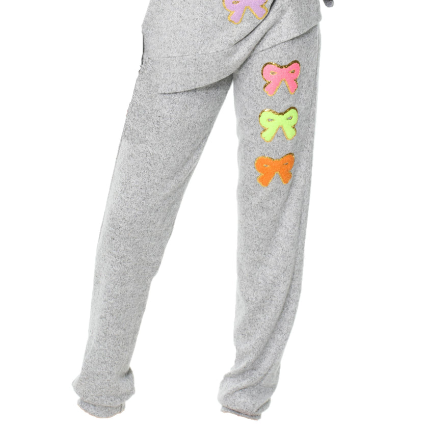 Hacci Sweatpants with Assorted Color Glitter Chenille Bow Patches