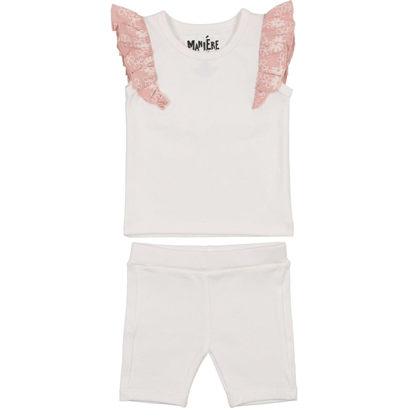 Shoulder Ruffle Top & Short Set, White