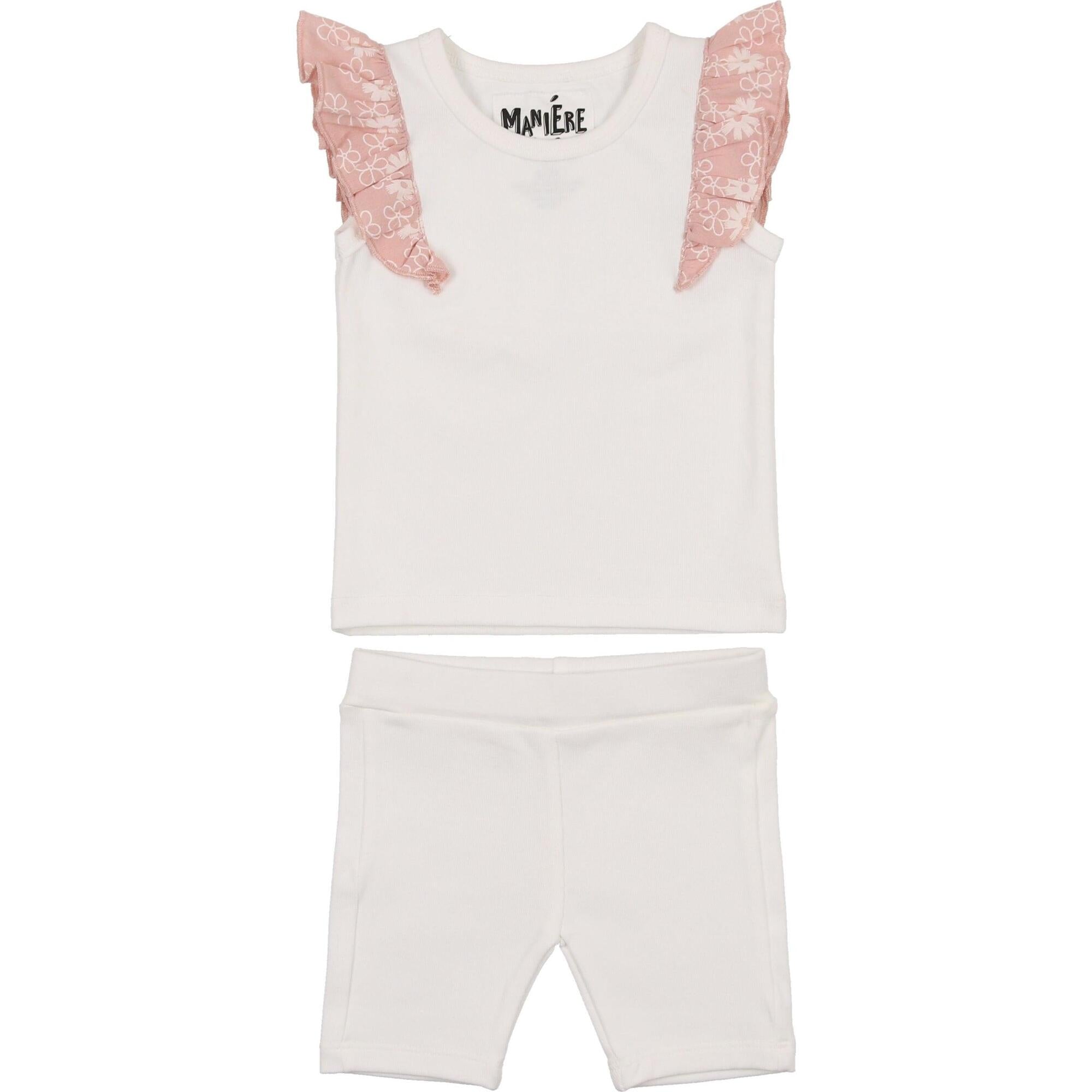 Shoulder Ruffle Top & Short Set, White