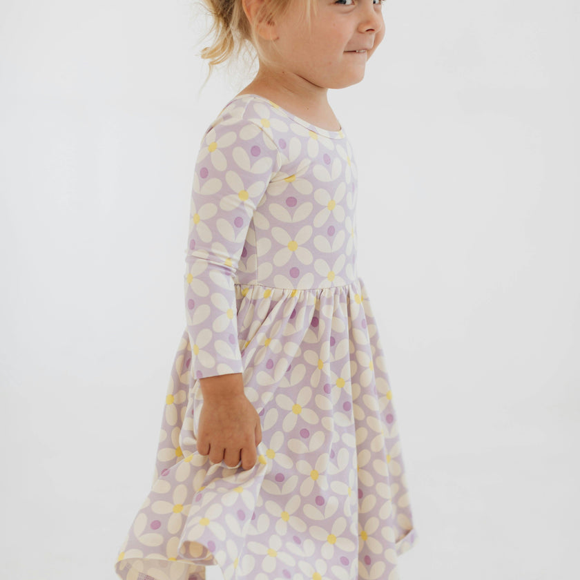 3/4 Sleeve Twirl Dress in Pale Purple Petals
