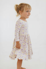 3/4 Sleeve Twirl Dress in Pale Purple Petals