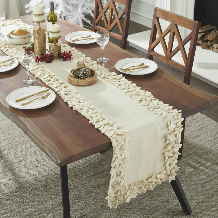Hand Felted Wool Floral Border Table Runner Cream, 16" x 90"