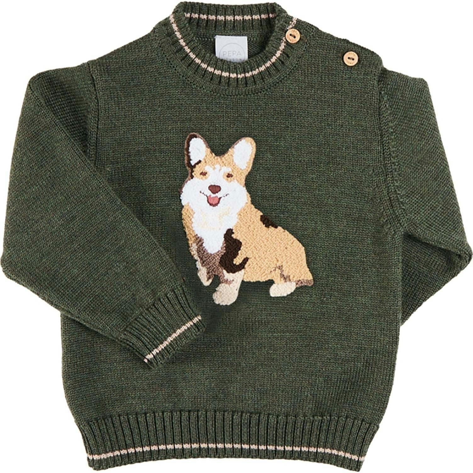 Corgi Embroidered Button Detail Jumper in Green (18mths-10yrs)