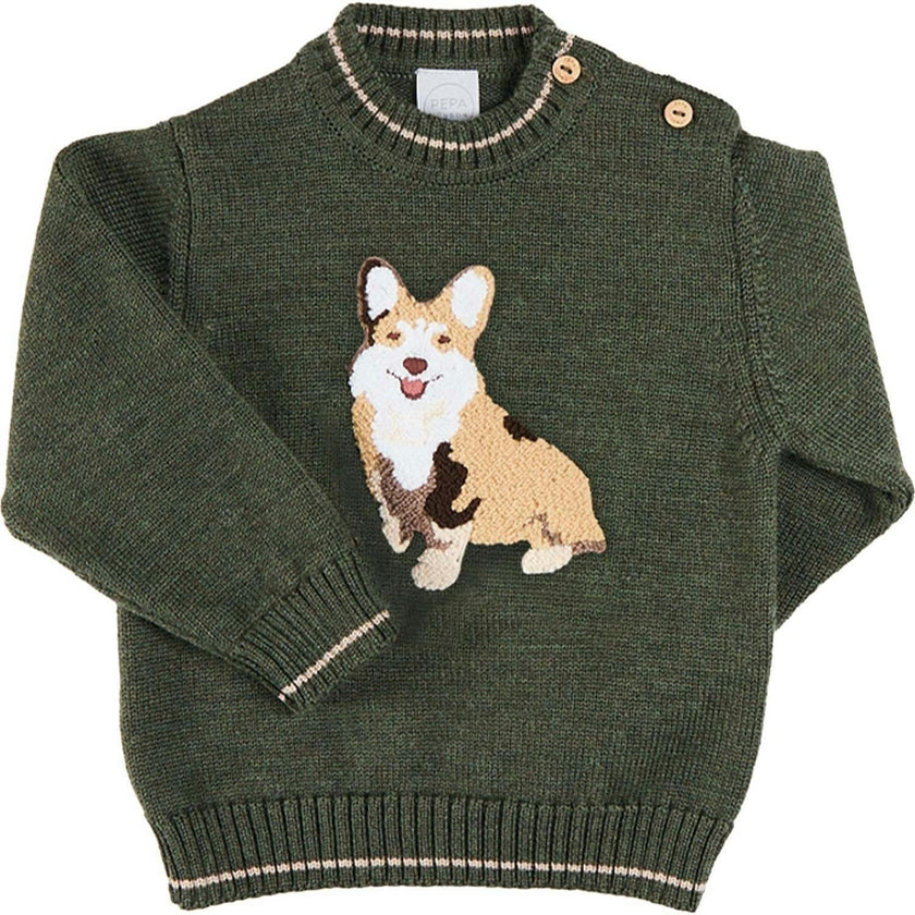 Corgi Embroidered Button Detail Jumper in Green (18mths-10yrs)