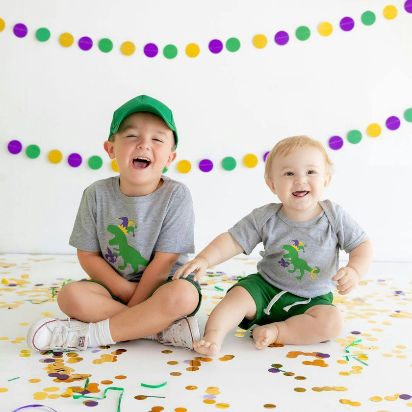 Mardi Gras Dino Short Sleeve Bodysuit - Gray