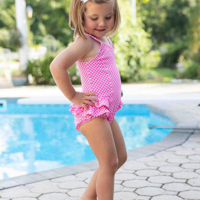 Gingham Swimsuit With Ruffles And Flower