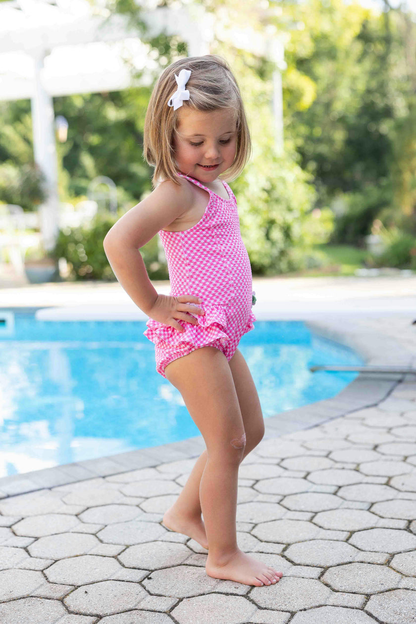 Gingham Swimsuit With Ruffles And Flower