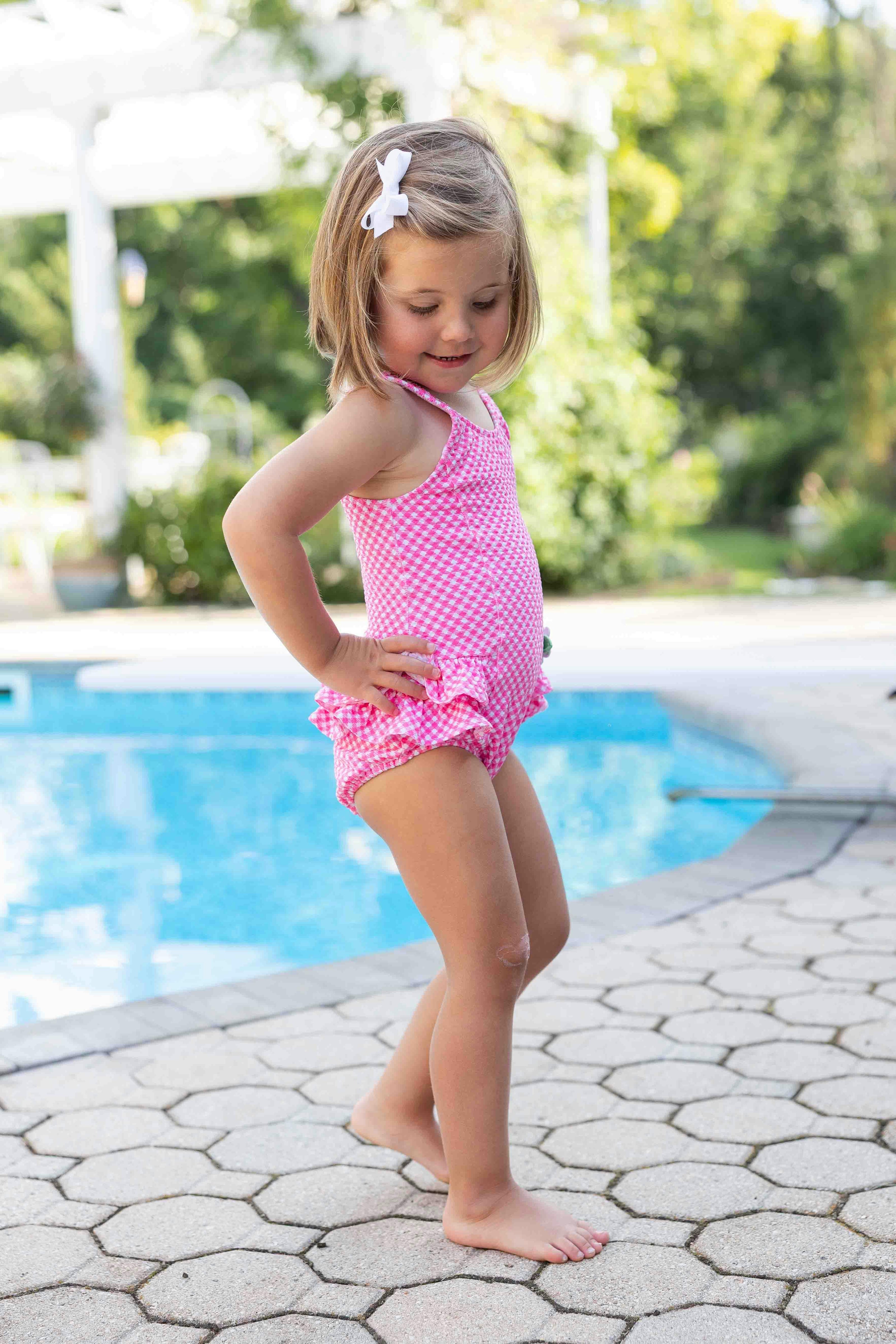 Gingham Swimsuit With Ruffles And Flower