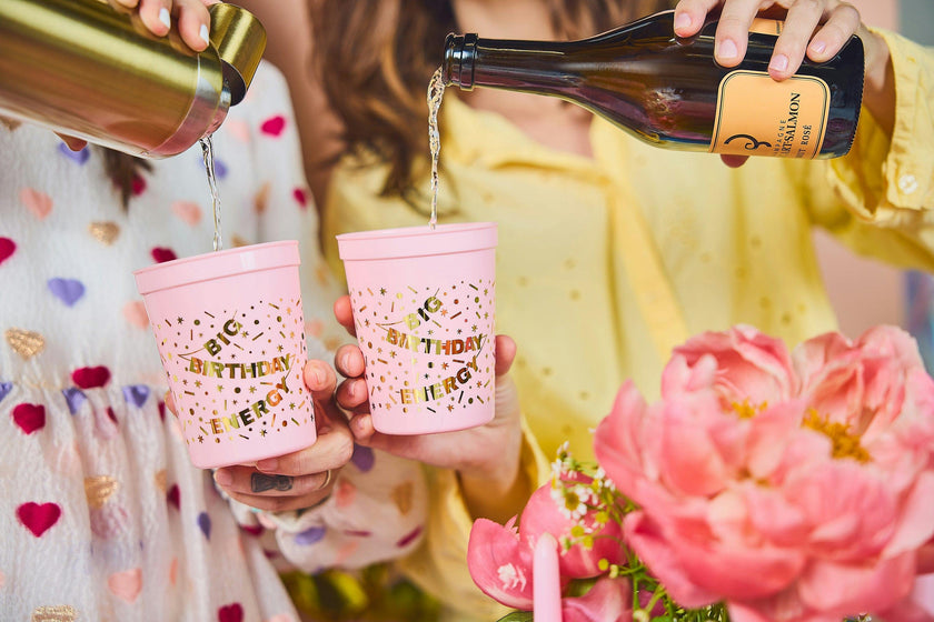 Packed Party Big Birthday Energy Reusable Cup Stack 8ct - 16 oz BPA-Free Pink Cups with Gold Foil