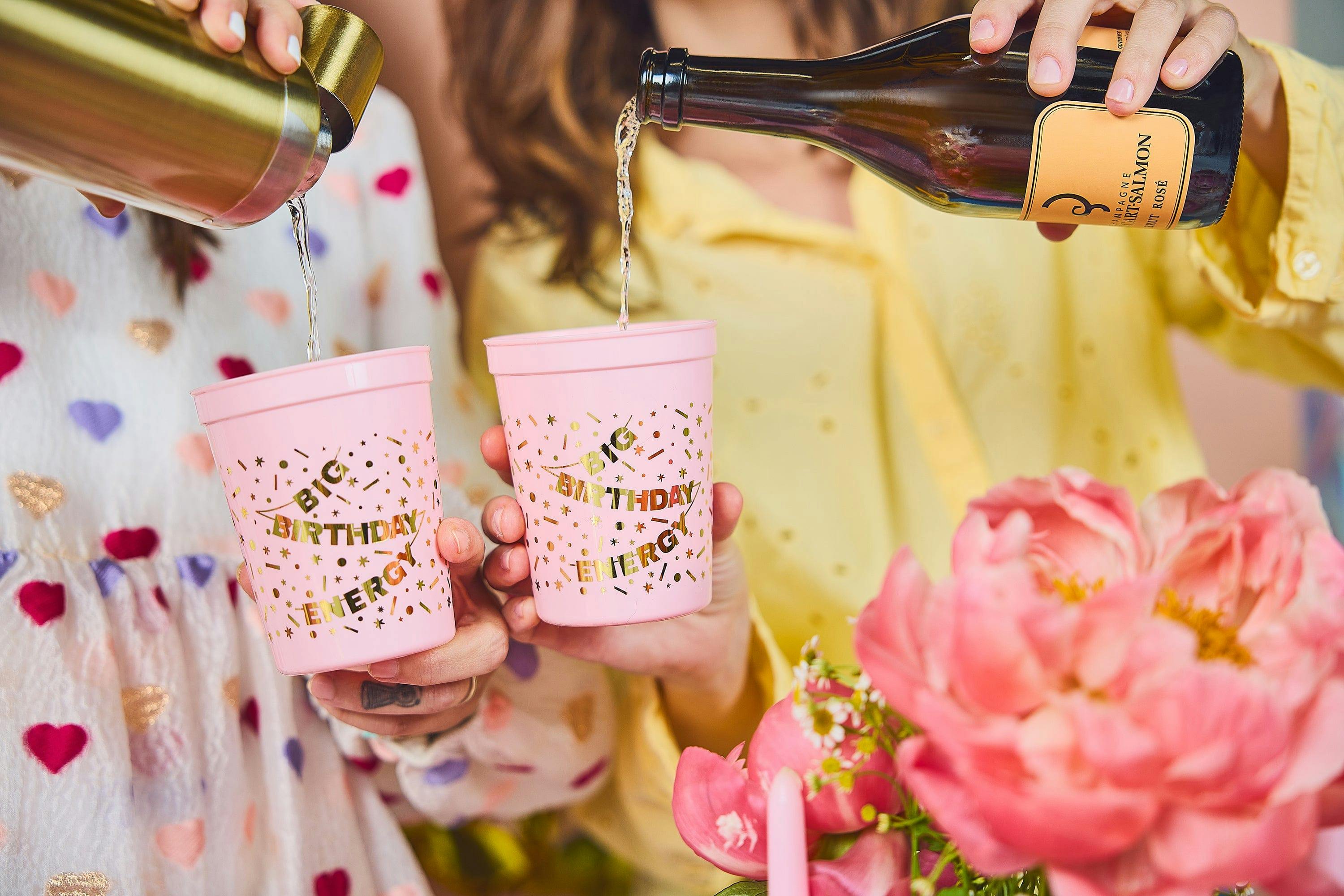 Packed Party Big Birthday Energy Reusable Cup Stack 8ct - 16 oz BPA-Free Pink Cups with Gold Foil