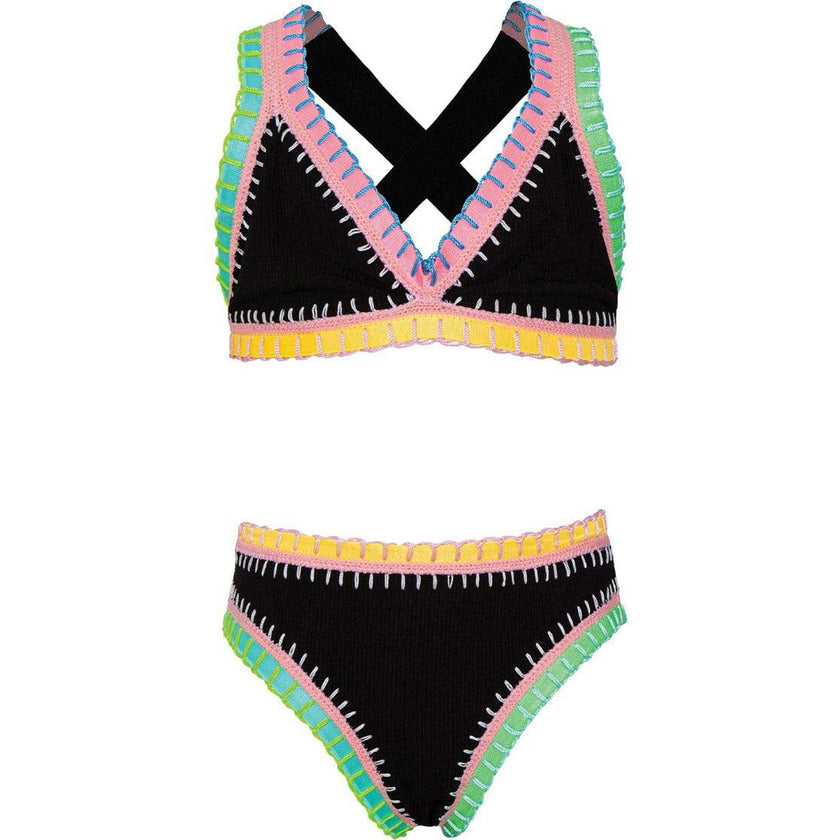 Black Pearl Rainbow Embroidered Bikini, Black
