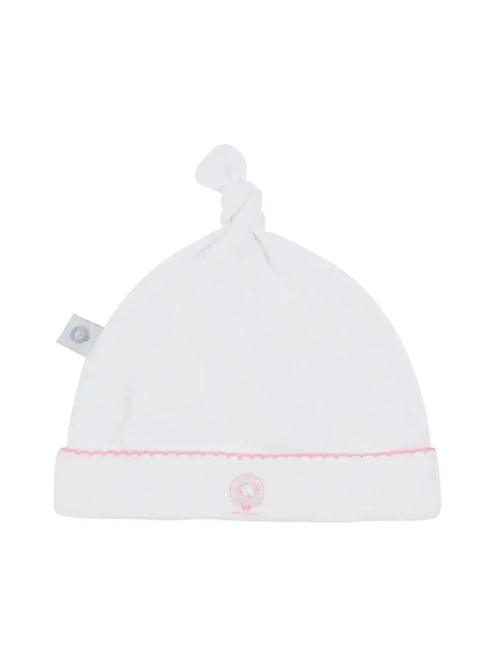 White Basic Pima Cotton Newborn Hat w/ pink monogram