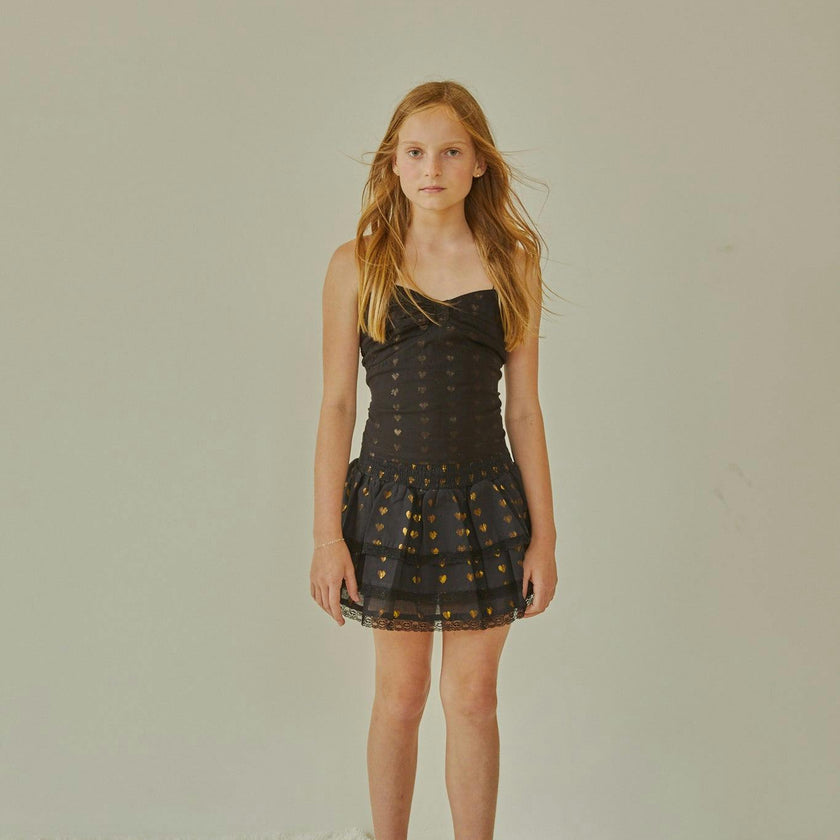 Gemma Black With Black Lace Heart Lurex Smocked Ruffle Mini Skirt