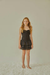 Gemma Black With Black Lace Heart Lurex Smocked Ruffle Mini Skirt