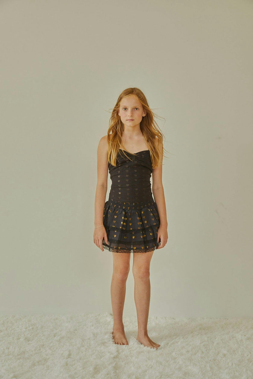 Gemma Black With Black Lace Heart Lurex Smocked Ruffle Mini Skirt