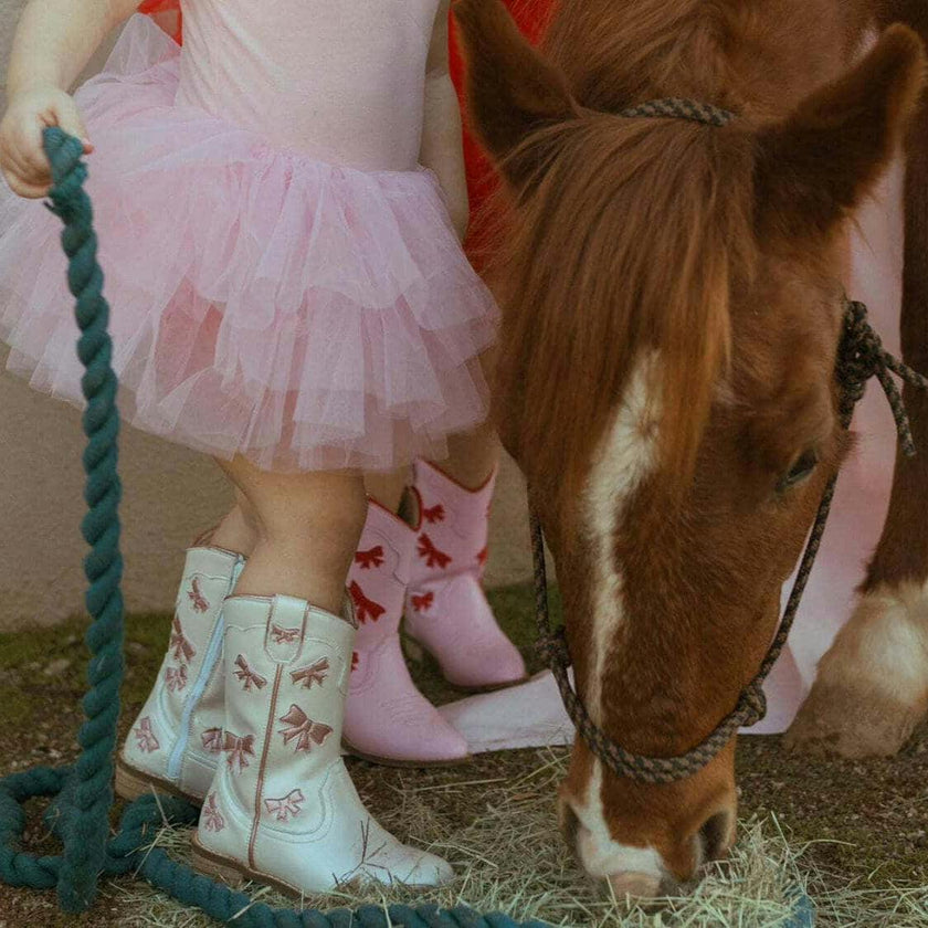 Cowgirl White + Pink Bow Boots, White