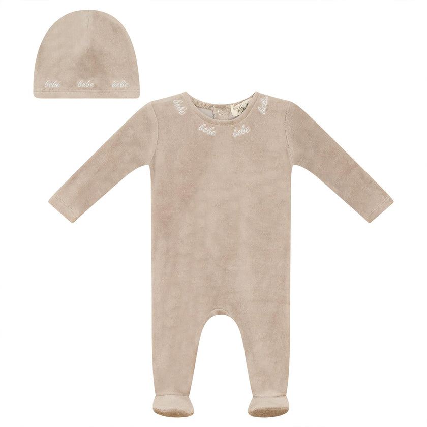 Bebe Velour Embroidered Snap Front Romper and Hat Two Piece Set