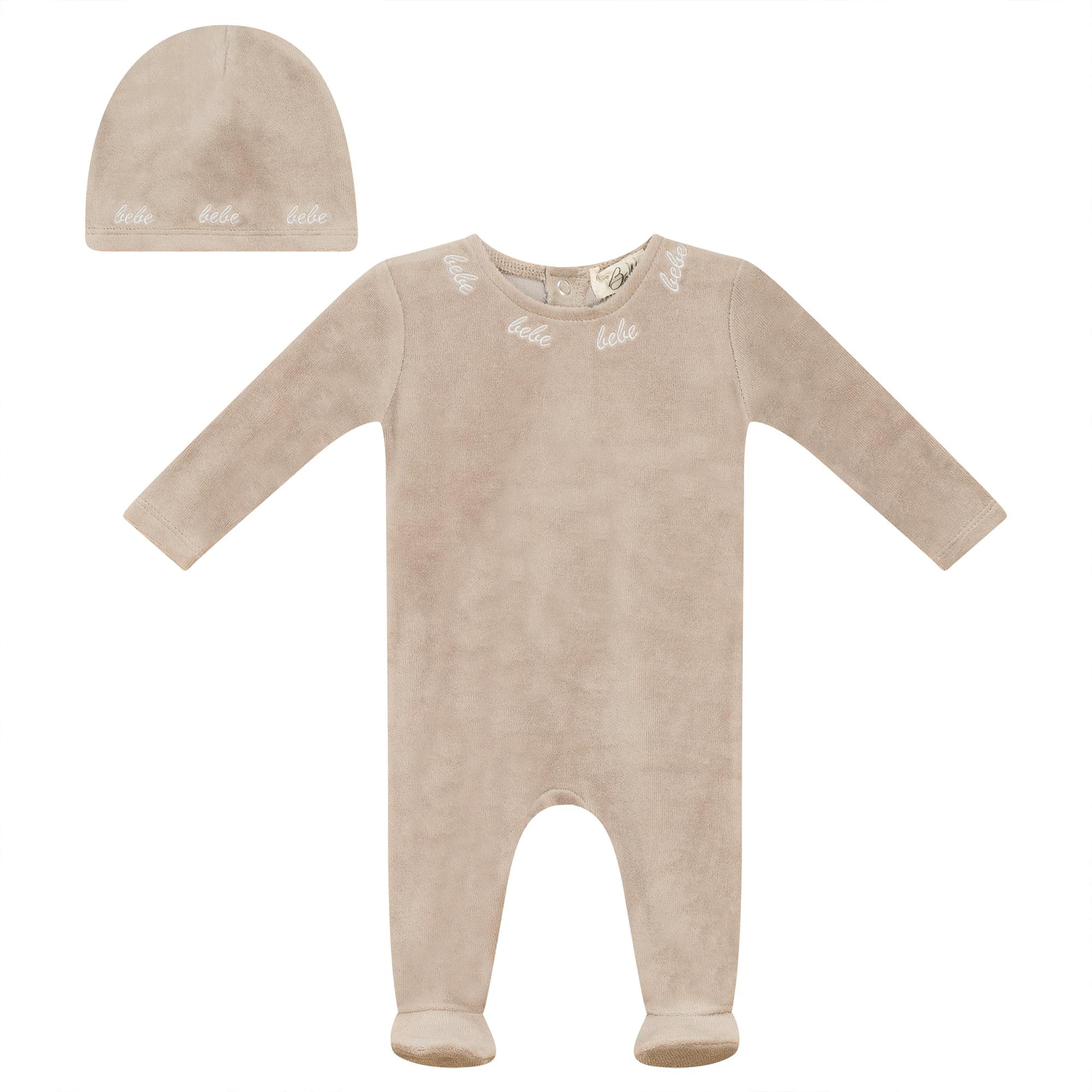 Bebe Velour Embroidered Snap Front Romper and Hat Two Piece Set