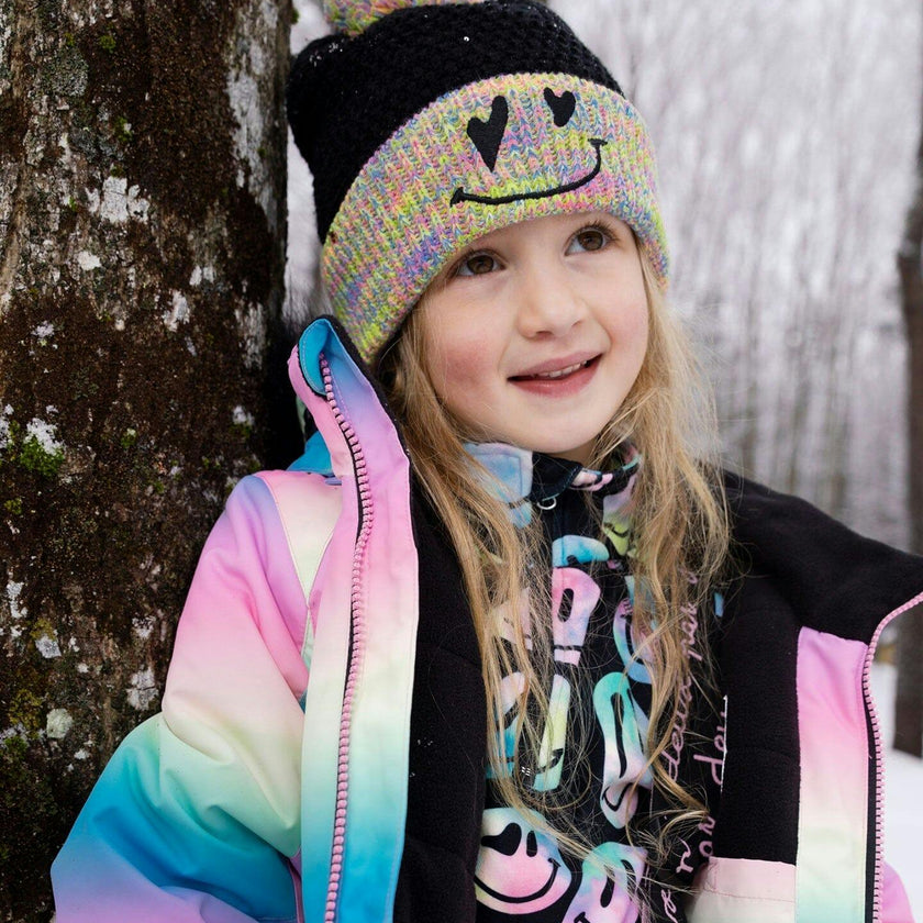 Lined Knit Hat with Pompom Black and Multicolor