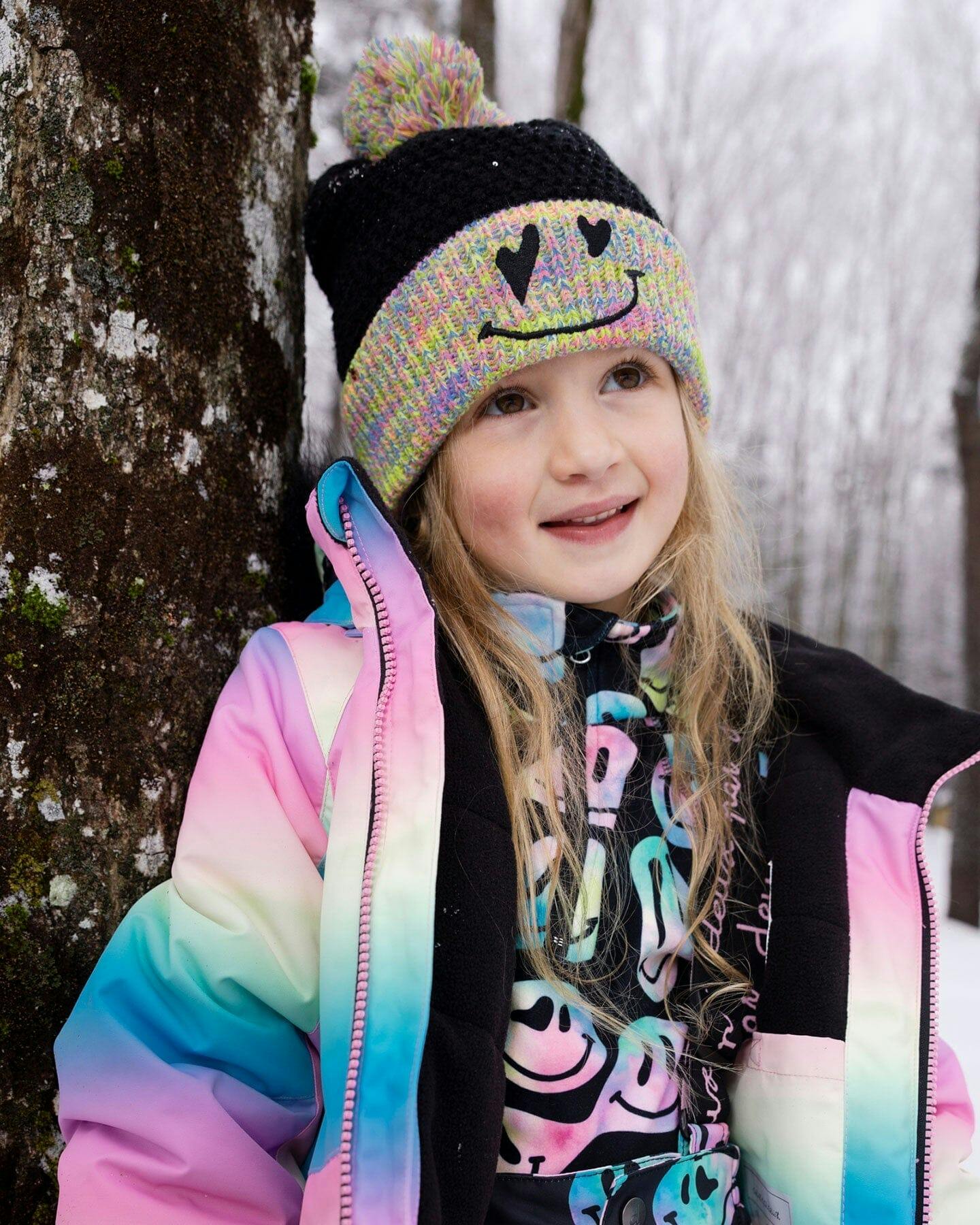 Lined Knit Hat with Pompom Black and Multicolor