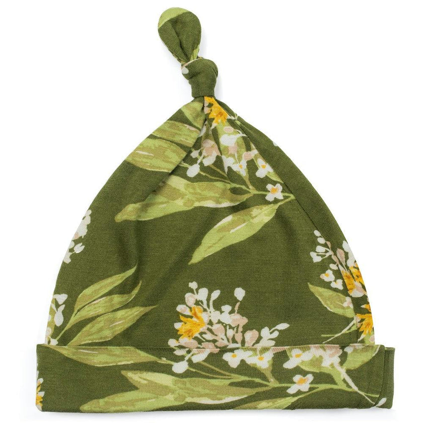Green Floral Bamboo Knotted Beanie Hat